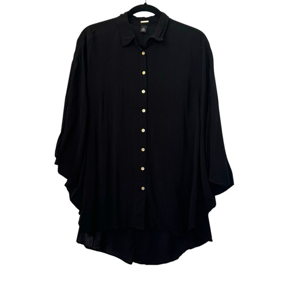 Chico’s Black Label Button Down Long Tunic Long Sleeve Blouse Black & Gold - Picture 1 of 5